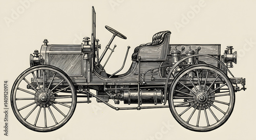 Wallpaper Mural A detailed vintage illustration of an early automobile, featuring large, spoked wheels, a rounded body, and a prominent steering wheel Torontodigital.ca