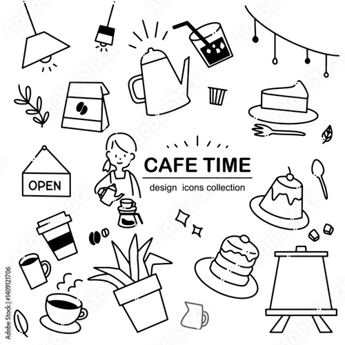 シンプルな手書き風カフェアイコンセット －喫茶店・スタッフ・料理のゆるいビジネスイラスト