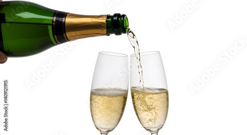 ai image showing champagne being poured from a green bottle into two elegant flute glasses, isolated on a white background.