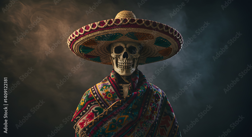 Fototapeta premium A skeletal figure dressed in a vibrant sombrero ai image