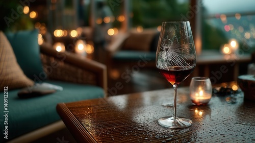 Elegant cracked wine glass with red wine in atmospheric restaurant