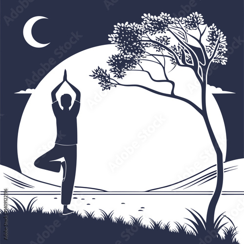 Woman doing yoga under full moon in nature silhouette