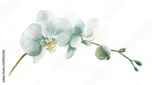93.A finely crafted watercolor painting of a single orchid bloom, with soft gradients and subtle highlights, set against a pristine white background for a sophisticated artistic touch.
