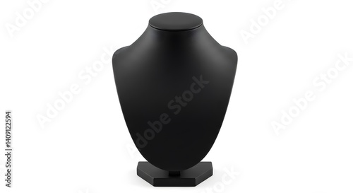 AI image features an empty black leatherette jewelry display bust mannequin, ideal for necklace presentation, isolated against a pure white background.