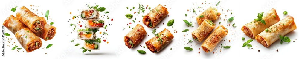 Spring rolls flying, spices and herbs, isolate on white background. Spring rolls flying, spices and herbs, isolate on white background.