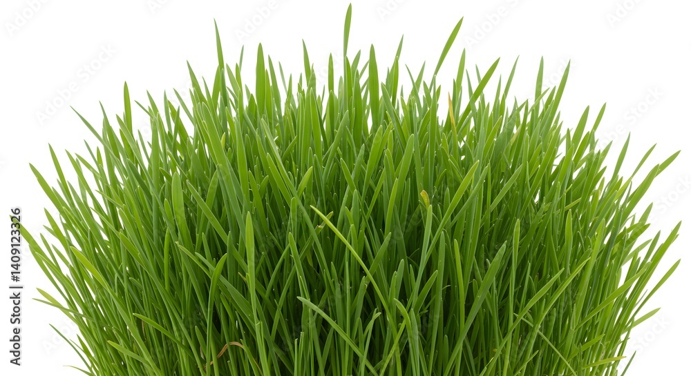 Fototapeta premium AI image provides a detailed close-up view of dense, vibrant green grass blades or chives growing vertically against white.