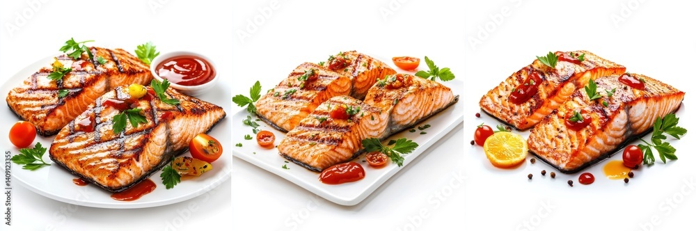 Grilled salmon splashing, tomato ketchup, isolate on white background. Grilled salmon splashing, tomato ketchup, isolate on white background.