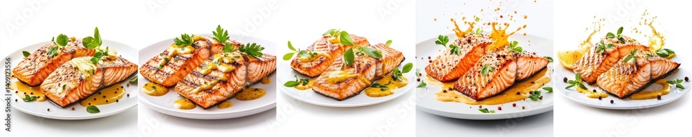 Grilled salmon splashing, yellow mustard sauce, isolate on white background. Grilled salmon splashing, yellow mustard sauce, isolate on white background.
