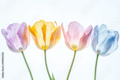 Four pastel tulips in a row, showcasing delicate petals and soft colors against a white background.