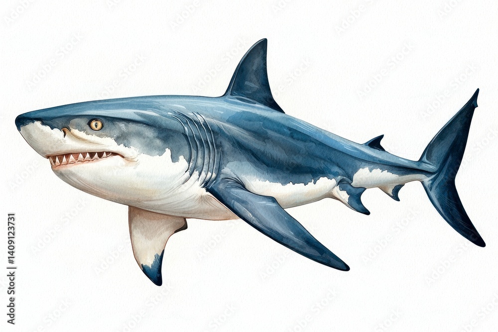 Obraz premium Detailed Illustration of a Great White Shark Against a White Background
