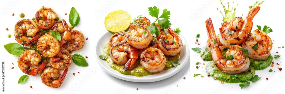 Grilled shrimp splashing, green chutney sauce, isolate on white background. Grilled shrimp splashing, green chutney sauce, isolate on white background.