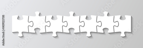 Puzzle business process infographics presentation. Jigsaw chain with 7 pieces in a row. Diagram grid infographic. . Business info graphic with steps, parts. Vector illustration