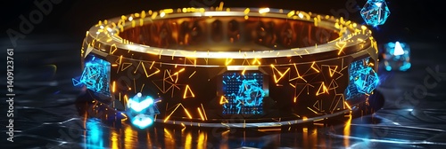 A cybernetic golden ring with embedded AI crystals projecting floating neon blue symbols