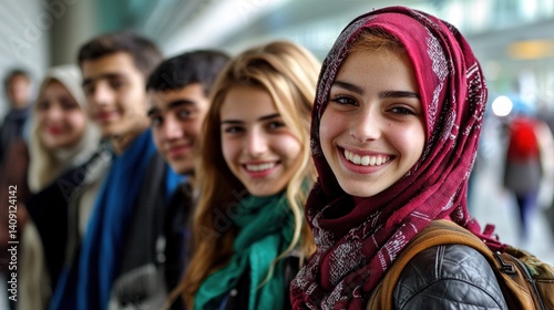 Diverse teens smiling, airport walkway, blurred background. Use Educational, cultural diversity