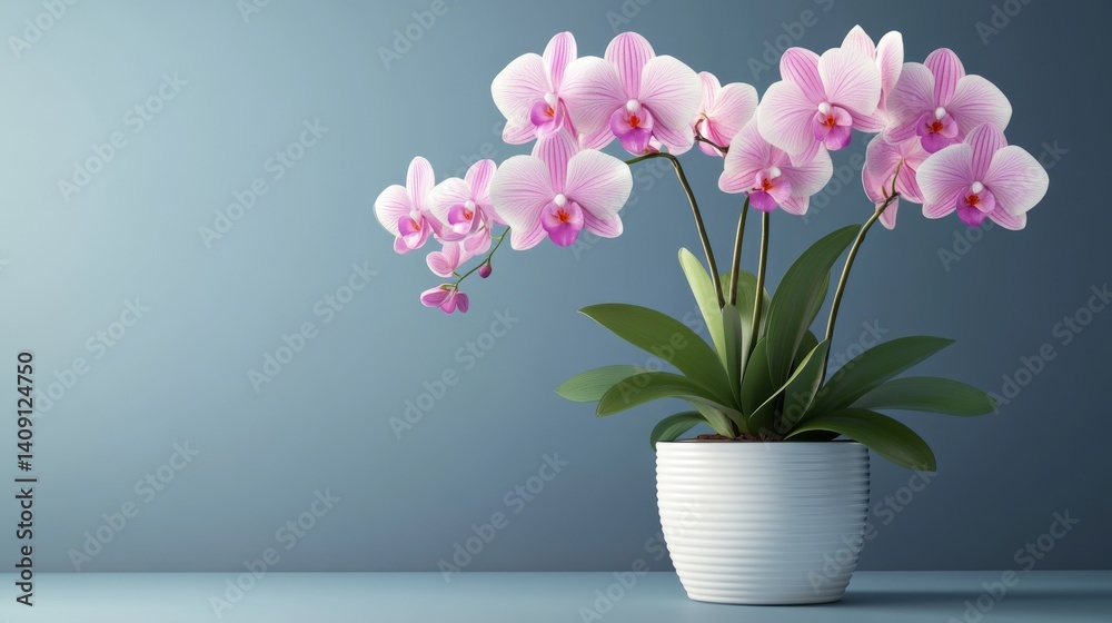 89.A realistic 3D vector image of a potted orchid, featuring delicate petals and a glossy white planter, designed with precise detailing and clean, isolated presentation.