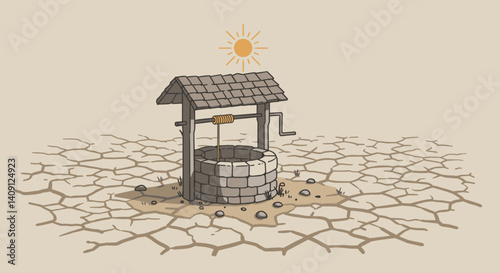 Dry well in a cracked landscape under a bright sun  
