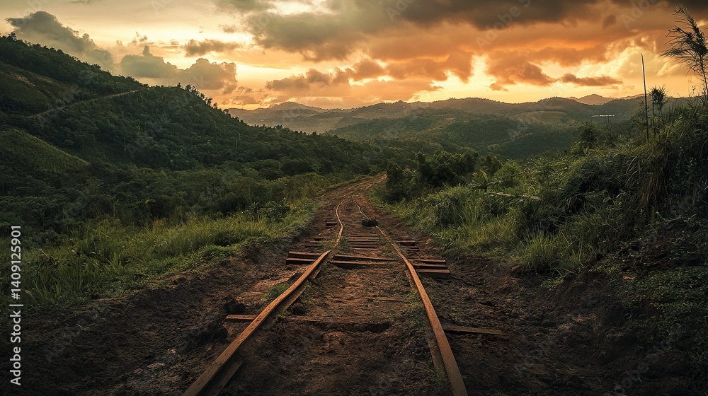 Fototapeta premium Dirt trail with wooden rails leading over green mountain ridge at sunrise, dramatic sky with orange clouds, wide-angle shot, scenic adventure style 