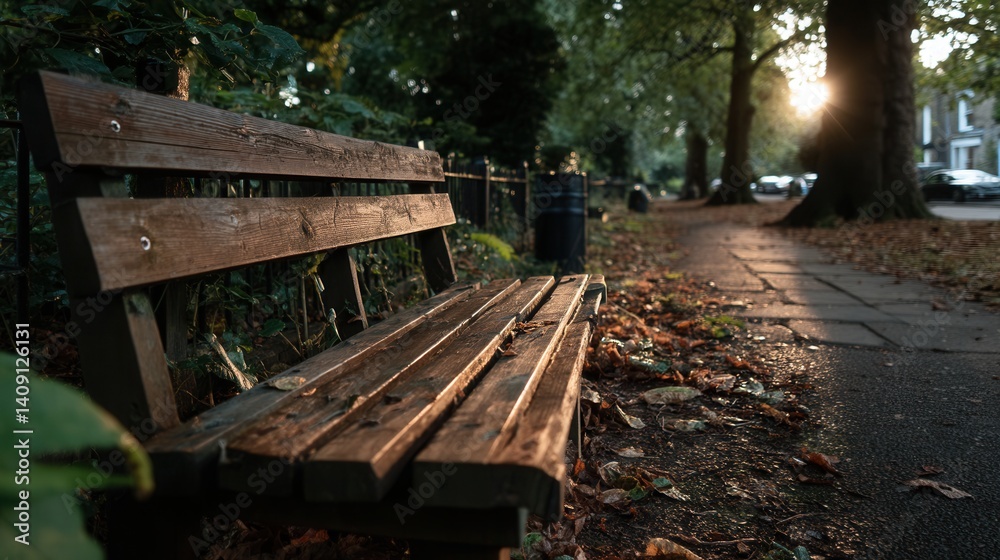 Peaceful empty wooden bench on autumn park path at sunset Peaceful empty wooden bench on autumn park path at sunset