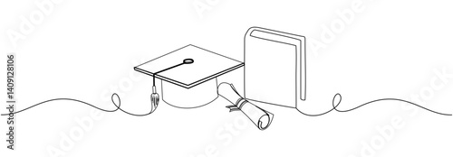 Vector line art of books and graduation supplies as knowledge for the future