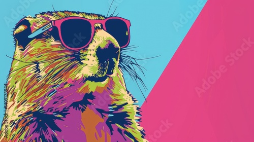 a cool and colorful tshirt design of a groundhog with sunglasses, pop art style
