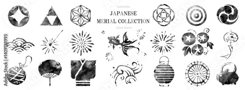 夏, アイコン, 夏祭り, 筆書き, 墨絵, ベクター, 和風, 金魚, 花火, 和柄, 波, 提灯, セット, イラスト