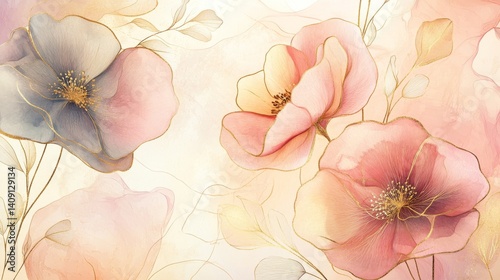 96.An abstract luxury background vector featuring golden line art of flowers and botanical leaves, layered over soft watercolor shapes in pastel tones, creating a modern and elegant aesthetic.