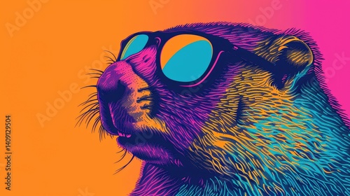 a cool and colorful tshirt design of a groundhog with sunglasses, pop art style