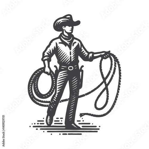 Simple Rodeo Cowboy Holding a Rope Vector Icon Design – Vintage Retro Logo & Illustration