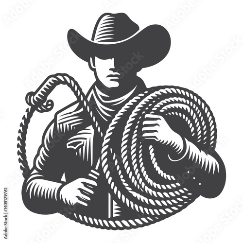 Simple Rodeo Cowboy Holding a Rope Vector Icon Design – Vintage Retro Logo & Illustration