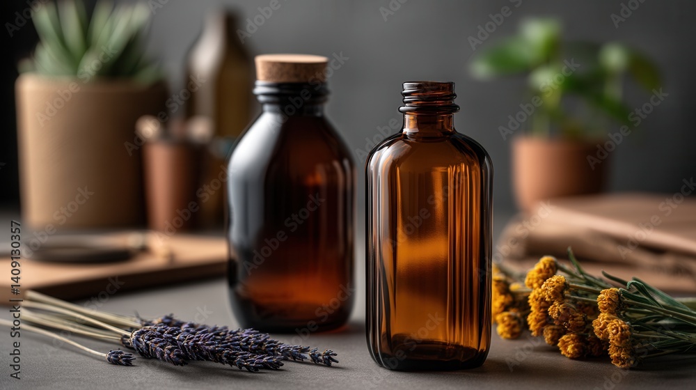 Serene essential oil bottles with dried herbs on minimalist table Serene essential oil bottles with dried herbs on minimalist table