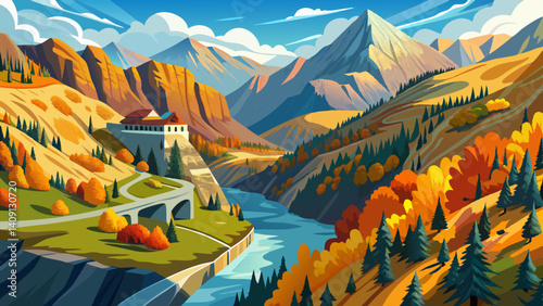 Aerial view of the fall scenery around the Umbrail Pass in Grisons, Switzerland photo