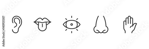 Five Senses Icon Set. hearing or ear, taste or mouth, sight or eye, smell or nose, and touch or hand. vector illustration