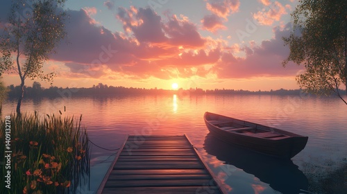 Foggy morning on the lake with a wooden pier and boat
