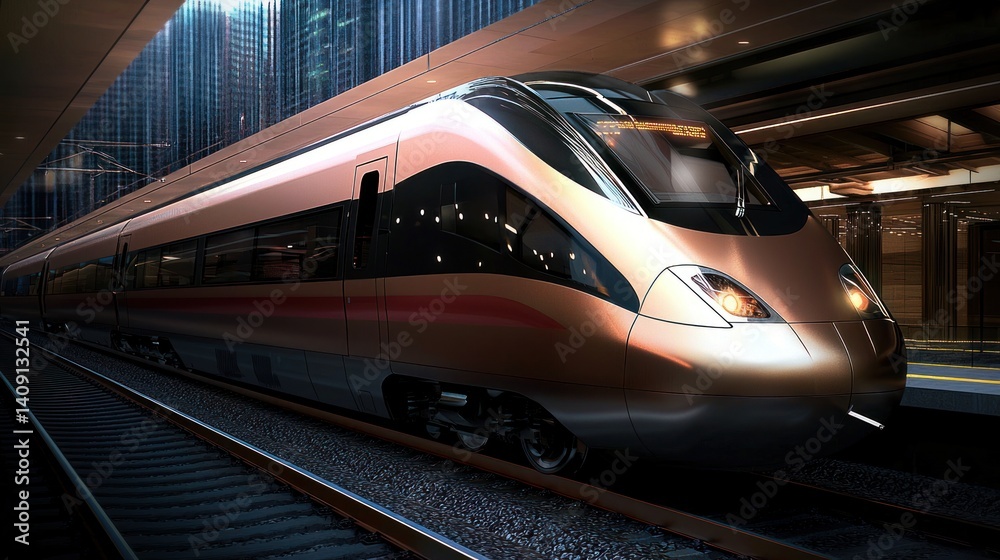 Naklejka premium Modern train departing urban station, city backdrop