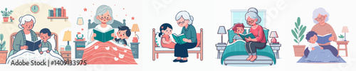 vector set of grandmother telling stories to her grandchildren