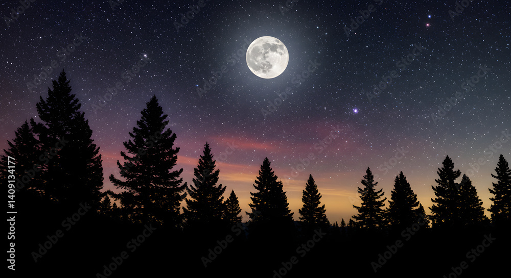 Naklejka premium A tranquil night landscape featuring a full moon casting soft light