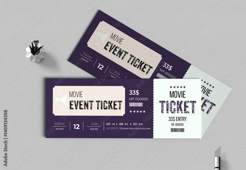 Vintage Movie Event Ticket Template Editable Admission Pass Mockup ...