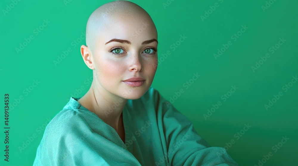 Bald woman in a green gown gazes thoughtfully upward, set against a solid green backdrop. Her expression reflects depth and emotion