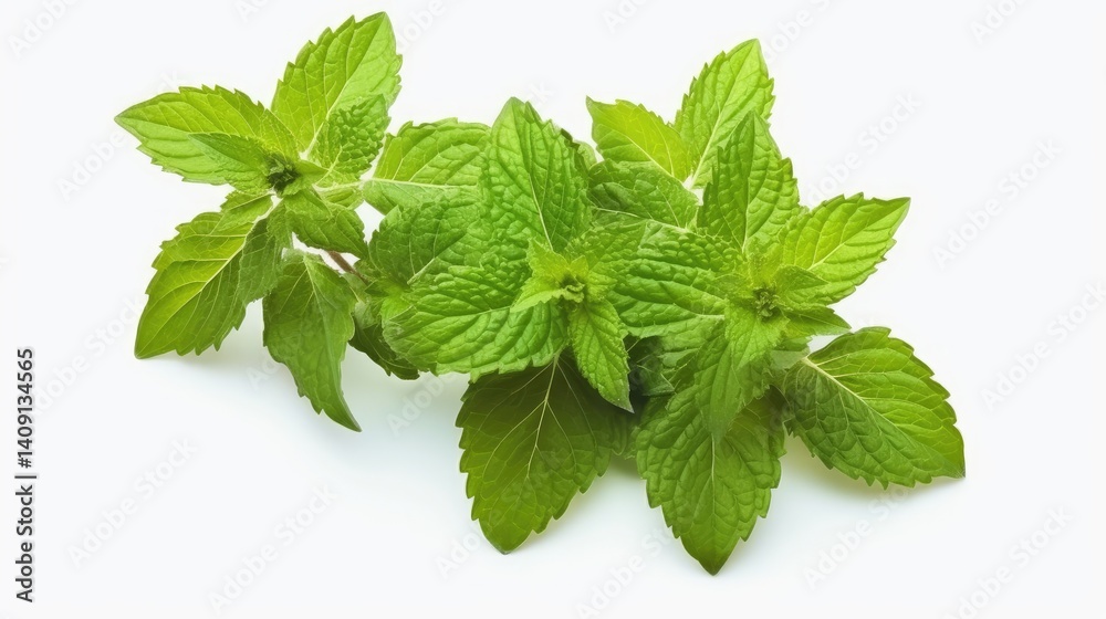 Clusters of fresh lemon balm leaves are arranged against a white background, revealing their vibrant green color and intricate leaf patterns Clusters of fresh lemon balm leaves are arranged against a white background, revealing their vibrant green color and intricate leaf patterns