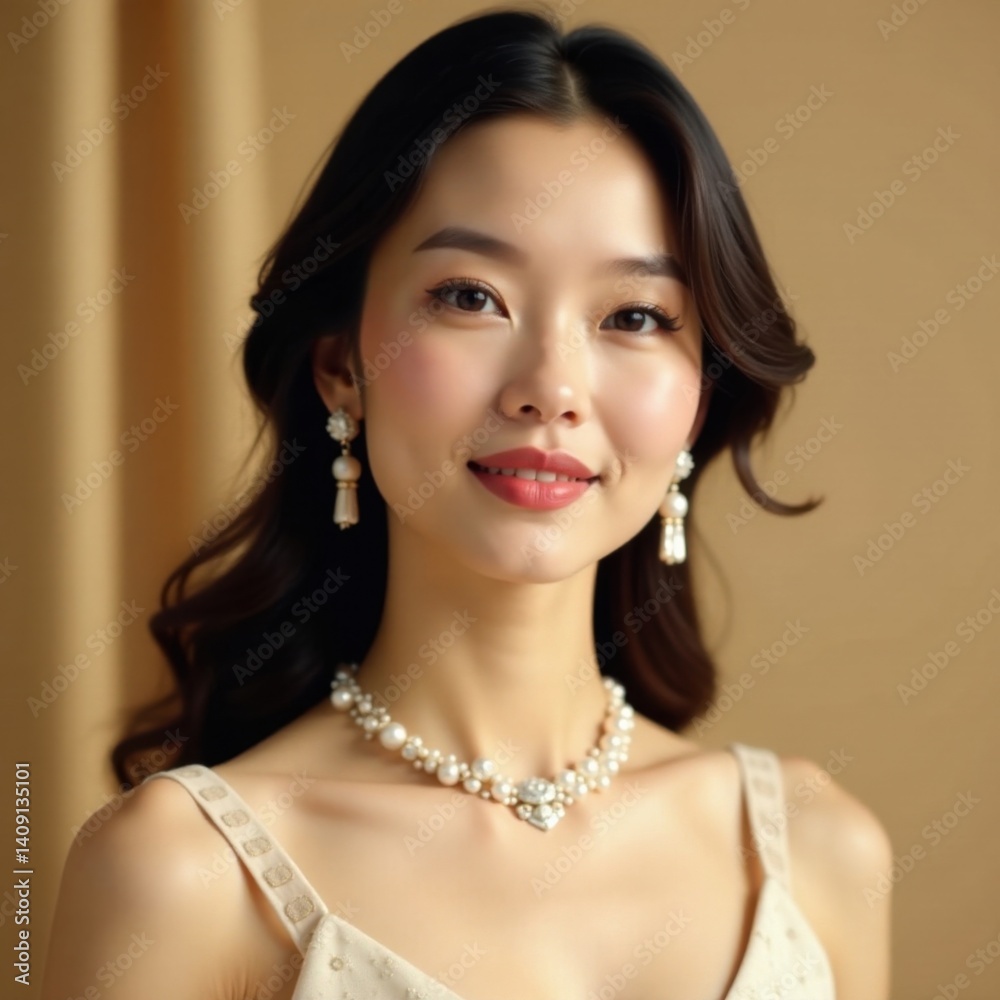 Stunning Asian woman with radiant complexion and elegant features, adorned with diamonds and pearls, set against a luxurious beige backdrop, beauty, woman, elegance Stunning Asian woman with radiant complexion and elegant features, adorned with diamonds and pearls, set against a luxurious beige backdrop, beauty, woman, elegance