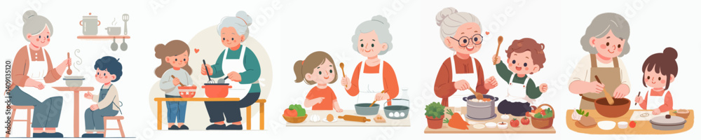 vector set of grandmother cooking with her grandson vector set of grandmother cooking with her grandson