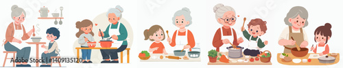 vector set of grandmother cooking with her grandson
