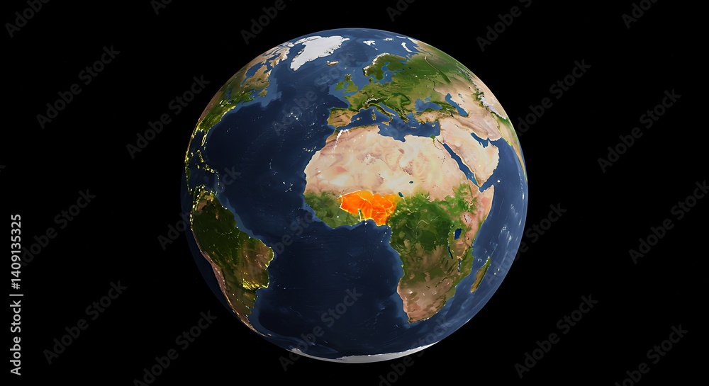 Earth globe showing africa with nigeria highlighted in orange against a black background space view Earth globe showing africa with nigeria highlighted in orange against a black background space view