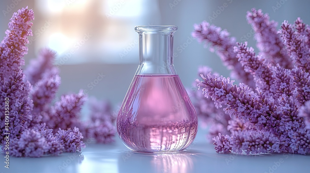 Translucent lab flasks with lavender and soft lighting, surrounded by purple flowers, create a serene atmosphere