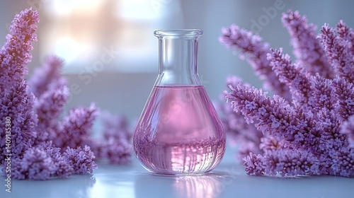 Obraz na płótnie Translucent lab flasks with lavender and soft lighting, surrounded by purple flowers, create a serene atmosphere w salonie