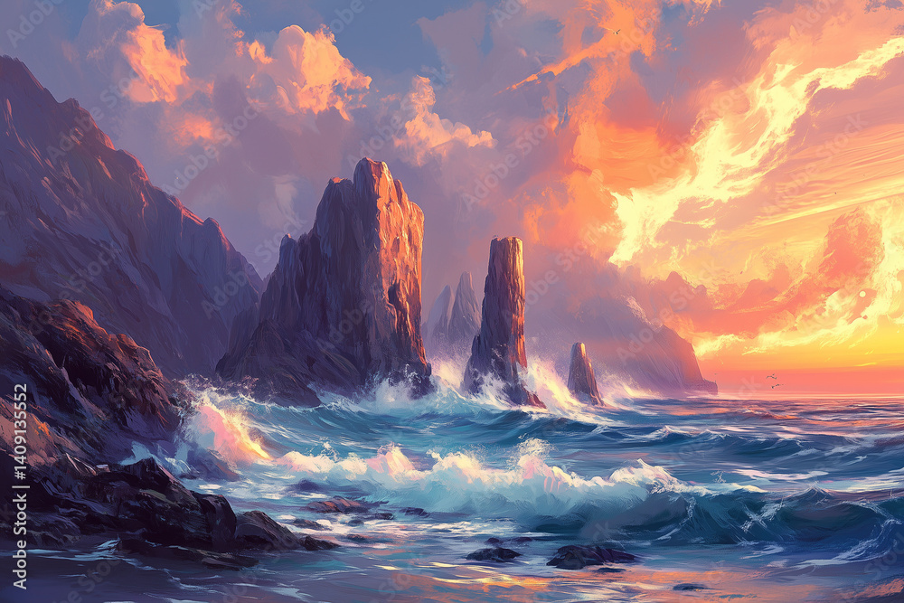 Naklejka premium : A dramatic coastline with towering cliffs, waves crashing against jagged rocks, and a sunset in the background