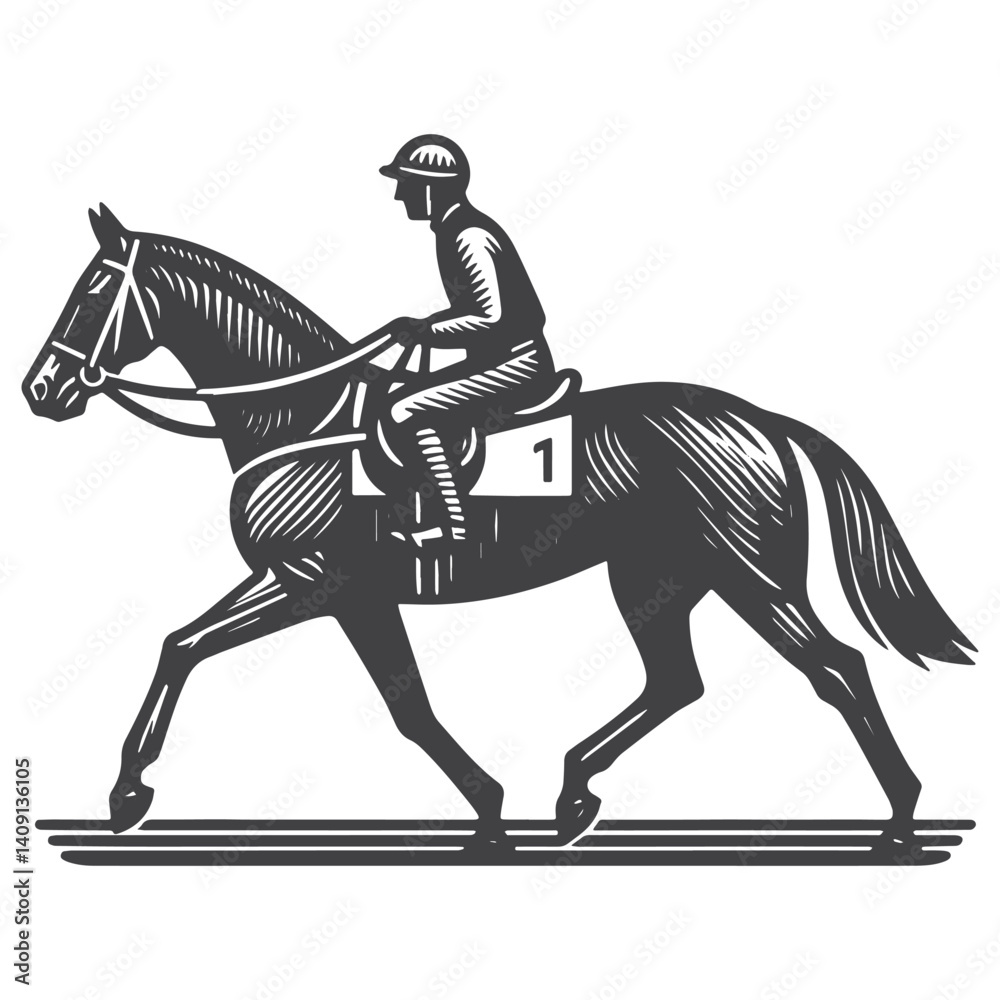 Fototapeta premium Simple Jockey Riding Horse Vector Icon Design – Vintage Retro Logo & Illustration