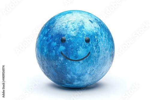 A blue, textured sphere with a simple smiley face drawn on it.