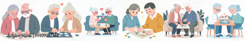 vector set of grandparents playing puzzles