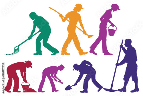 Set off Sequential worker poses in silhouette — shoveling, lifting, welding, hammering — like comic-book panels or timeline